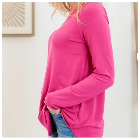 11 It’s That Simple Solid V Neck Long Sleeves T in Dark pink - Picture 3 of 5